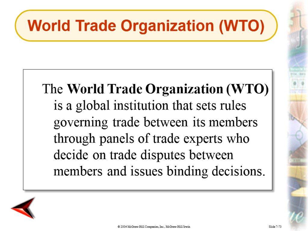 Slide 7-73 The World Trade Organization (WTO) is a global institution that sets rules